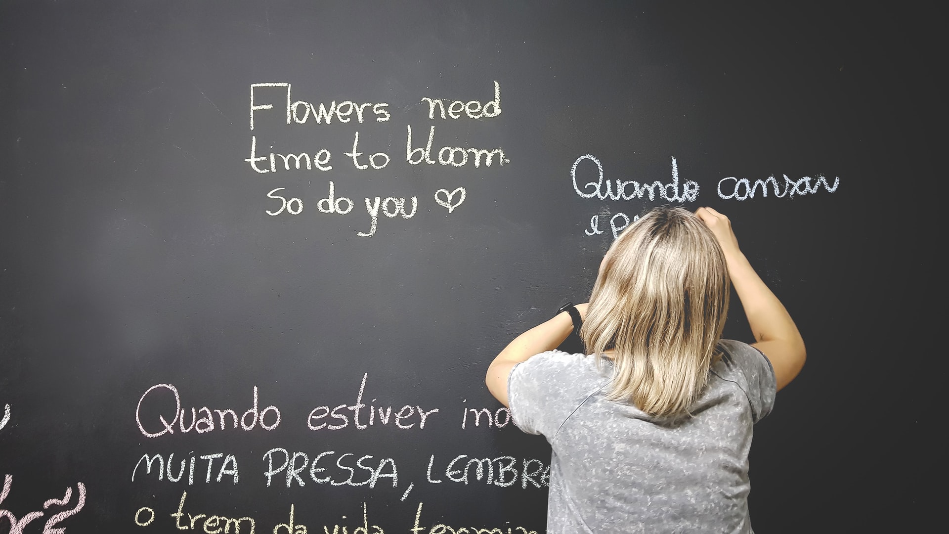person at chalkboard learning languages