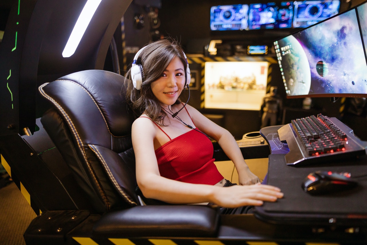 young woman with gaming rig
