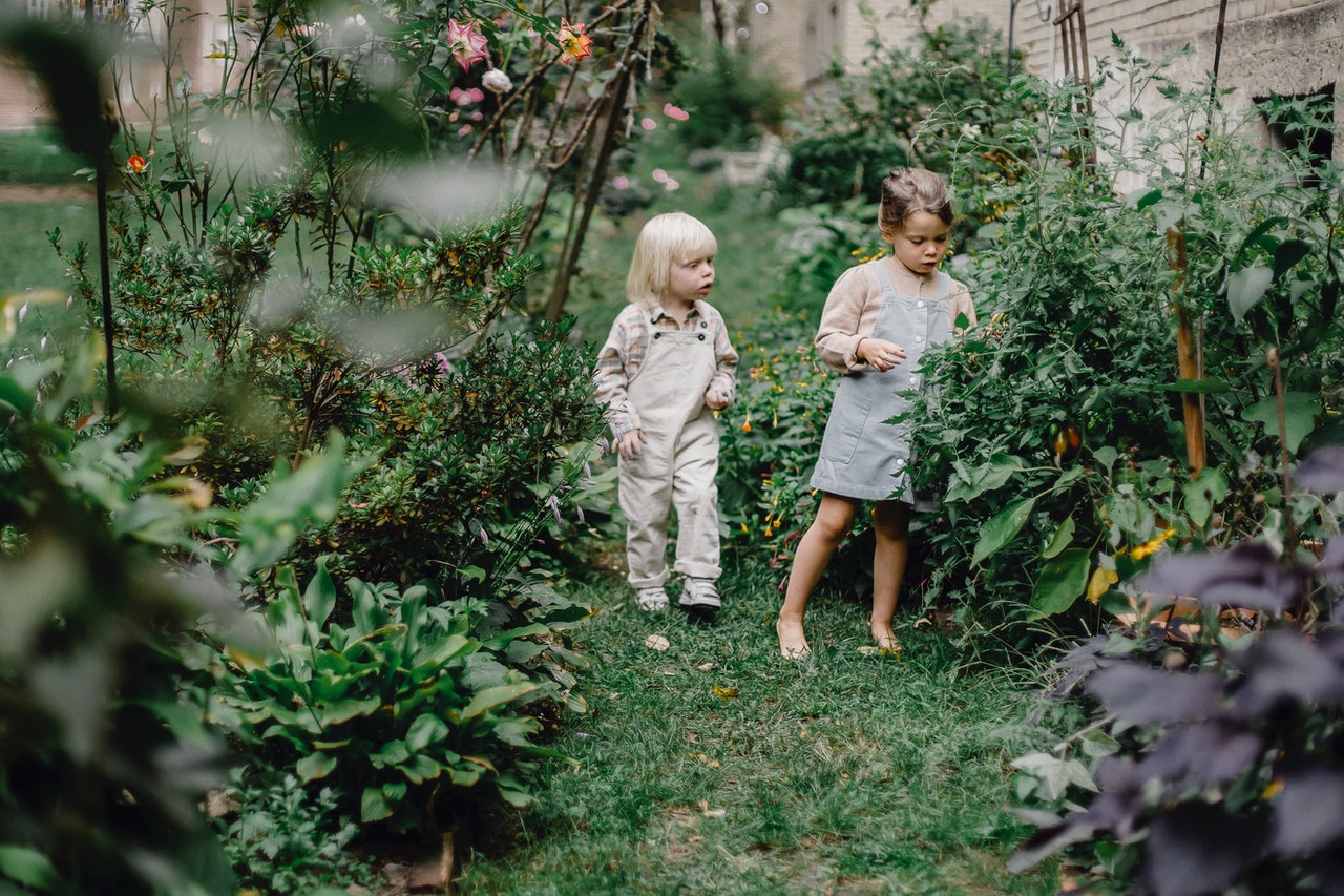 kids exploring garden