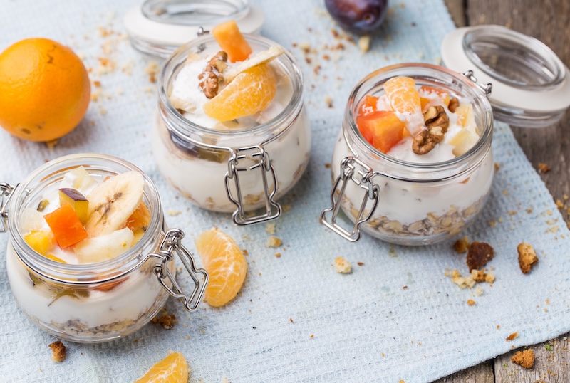 fruit and yoghurt in jars