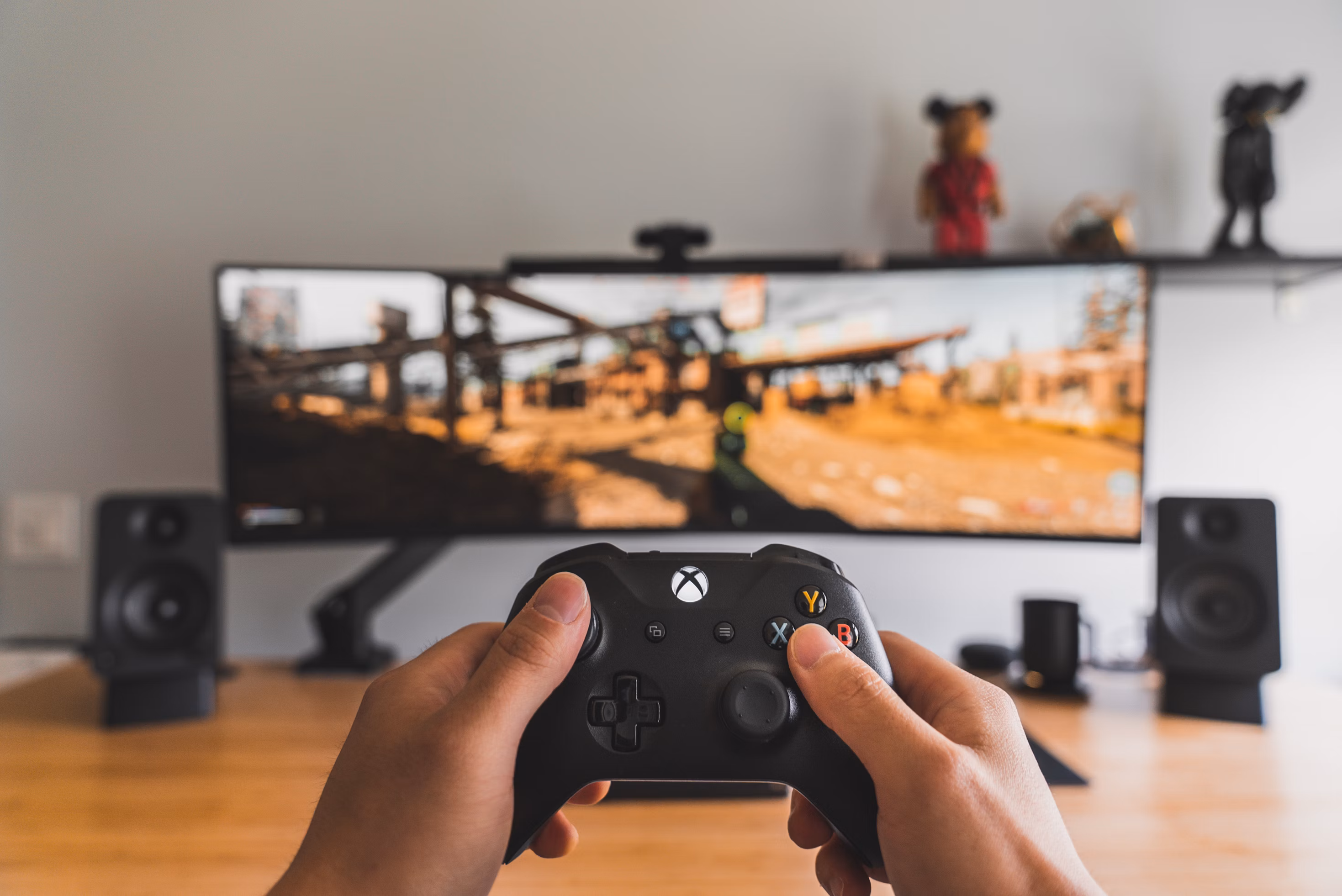 game set up with xbox controller in front of gaming screen